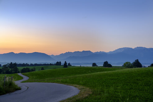 Deutschland, Bayern, Allgäu, Ostallgäu, Schwaben, Ammergauer Alpen, Ussenburg bei Roßhaupten, leere Straße bei Sonnenaufgang - LBF02205