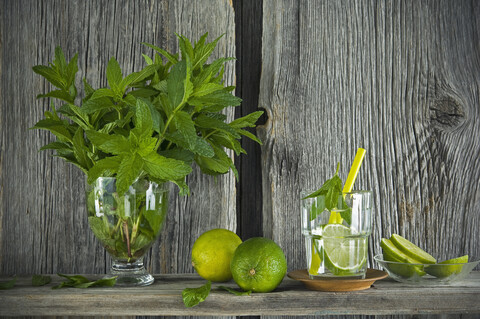 Hausgemachte Minzlimonade mit Limette auf rustikalem Holzbrett, lizenzfreies Stockfoto