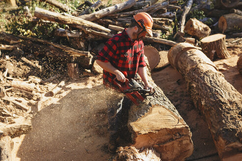 Seitenansicht eines Holzfällers, der mit einer Kettensäge Holz schneidet - CAVF54808