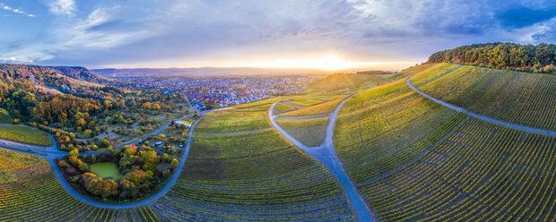 Deutschland, Baden-Württemberg, Luftaufnahme des Korber Kopfes, Weinberge bei Sonnenuntergang im Herbst, Panorama - STSF01800