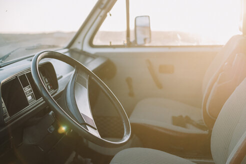 Backlit view of front part of vintage camper van, Tenerife, Canary Islands, Spain - AURF07785