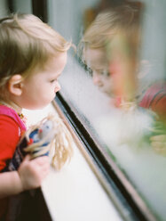 Kleines Mädchen hält durch ein Fenster, Vancouver, British Columbia, Kanada - AURF07855