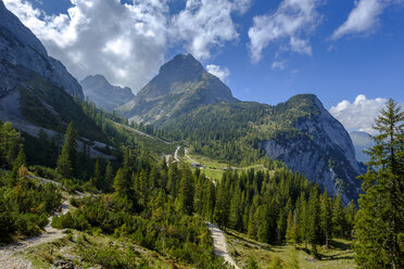 Österreich, Tirol, Blick zur Ehrwalder Sonnenspitze, Seebenalm bei Ehrwald, Mieminger Kette - LBF02225