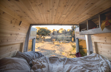 Sheet and pillows in motor home at desert - CAVF54971