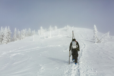 Rear view of hiker with backpack and ski walking on snowy hill during winter stock photo