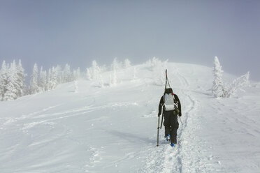 Rückansicht eines Wanderers mit Rucksack und Ski auf einem verschneiten Hügel im Winter - CAVF55044
