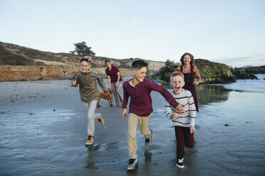 Verspielte Brüder laufen am Strand mit Eltern und Hund im Hintergrund - CAVF55083