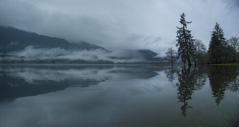 Scenic view of lake against mountains during foggy weather at Olympic National Park - CAVF55117