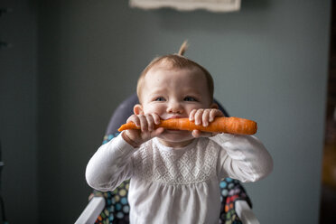 Süßes Baby Mädchen beißt Karotte, während auf Hochstuhl zu Hause sitzen - CAVF55505