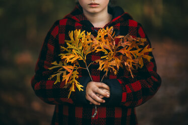 Midsection of girl holding autumn leaves at park - CAVF55697