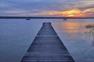 Holzsteg bei Sonnenuntergang am Ammersee, Fünferseenland, Bayern, Deutschland. - RUEF02048