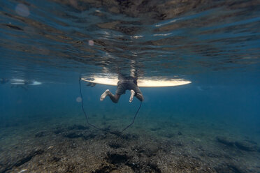 Maledives, Under water view of surfer on surfboard, underwater shot - KNTF02313