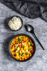 Curry dish, sweet potato curry, sugar pea, paprika, zucchini, coconut milk, shrimps and rice - SARF03973