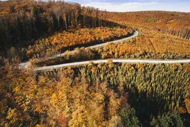 Österreich, Niederösterreich, Wienerwald, Exelberg, Luftaufnahme an einem sonnigen Herbsttag über eine kurvenreiche Bergstraße - HMEF00103