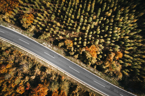 Österreich, Niederösterreich, Wienerwald, Exelberg, Luftaufnahme an einem sonnigen Herbsttag über eine kurvenreiche Bergstraße - HMEF00105