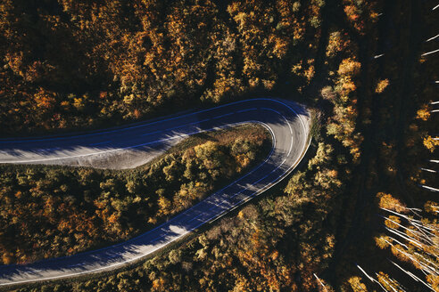 Austria, Lower Austria, Vienna Woods, Exelberg, aerial view on a sunny autumn day over a winding mountainroad - HMEF00109