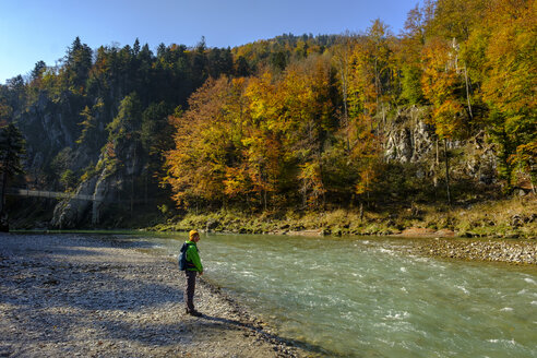 Deutschland, Bayern, Oberbayern, Chiemgau, bei Schleching, Wanderer steht an der Tiroler Ache im Herbst - LBF02258