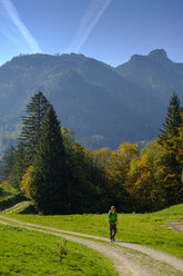 Germany, Bavaria, Upper Bavaria, Chiemgau, near Schleching, Achen Valley, hiker on hiking trail - LBF02259