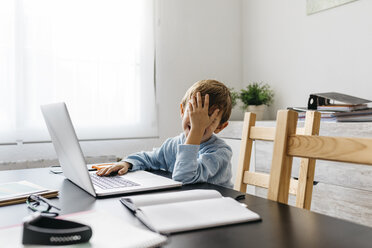 Little boy sitting in his father's office, using laptop - JRFF01992