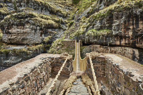 Peru, Quehue, Inka-Seilbrücke, lizenzfreies Stockfoto