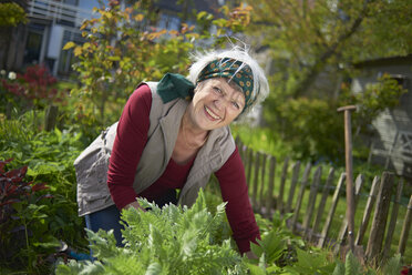 Portrait of cheerful senior woman gardening at backyard - CAVF55982