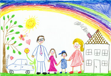 Kinderzeichnung, glückliche Familie mit Garten, Auto, Sonnenschein, Regenbogen und Haus - CMF00866