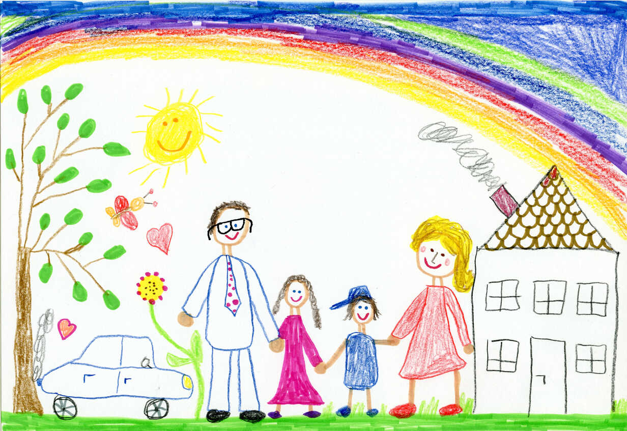 Happy family with two kids near their house, outline drawing Stock  Illustration | Adobe Stock