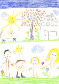 Kinderzeichnung, glückliche Familie mit Haus, Auto, Garten, Apfelbaum und Sonnenschein - CMF00867