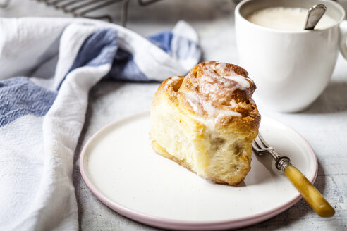 Selbstgebackene Zimtschnecke mit Puderzucker und eine Tasse Kaffee - SBDF03850