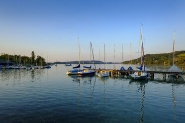 Österreich, Land Salzburg, Flachgau, Mattsee, See und Segelboote am Abend - LBF02264