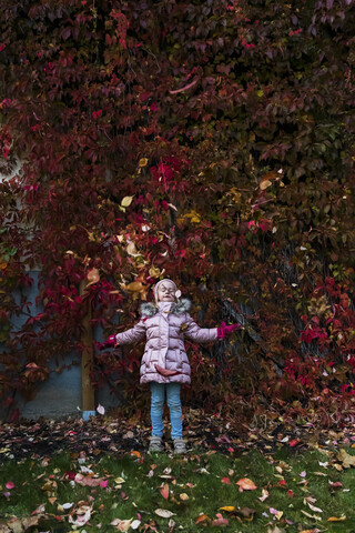 Mädchen wirft im Garten Herbstblätter in die Luft, lizenzfreies Stockfoto