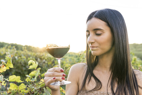 Italien, Toskana, Siena, junge Frau verkostet Rotwein in einem Weinberg bei Sonnenuntergang, lizenzfreies Stockfoto