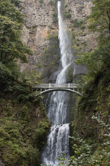 Niedriger Blickwinkel auf die Benson-Brücke bei den Multnomah Falls in der Columbia River Gorge - CAVF56046