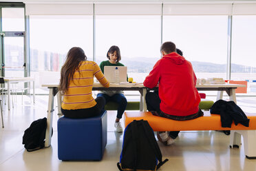 Freunde studieren am Fenster am Tisch in der Bibliothek - CAVF56194