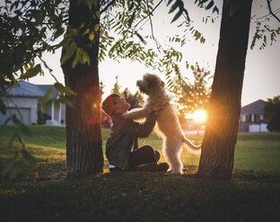 Seitenansicht eines Jungen, der mit einem Hund spielt, während er zwischen Baumstämmen im Park bei Sonnenuntergang sitzt - CAVF56204