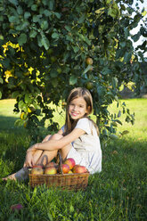 Porträt eines glücklichen kleinen Mädchens, das mit einem Weidenkorb voller gepflückter Äpfel auf einer Wiese sitzt - LVF07568