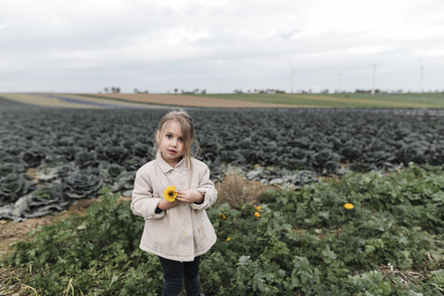 Porträt eines Mädchens, das in einem Kohlfeld steht und eine Blume hält - KMKF00668