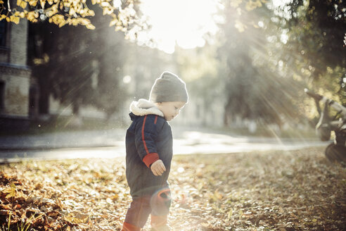 Seitenansicht eines spielenden Jungen im Park an einem sonnigen Tag - CAVF56578