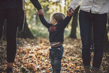 Midsection of lesbian mothers holding son's hands at park during autumn - CAVF56579