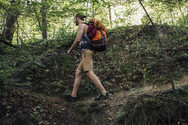 Young man with backpack hiking in a forest - VPIF01164