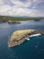 Indonesia, Bali, Karangasem, Aerial view of Pulau Paus Island and Virgin beach in the background - KNTF02387