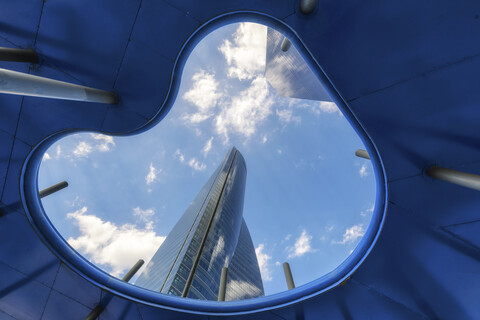 Spain, Madrid, view to Cuatro Torres Business Area from below stock photo