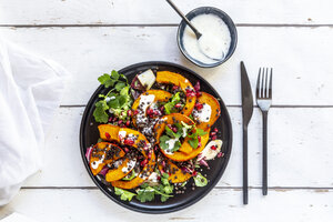 Herbstlicher Salat mit gebratenem Kürbis, Linsen, Radicchio, Granatapfelkernen, Blattsalat und Petersilie mit Dressing - SARF03994