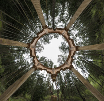 Niedriger Winkel Blick auf Pavillon von Bäumen gegen Himmel im Wald - CAVF56782