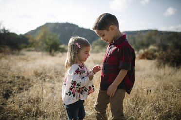 Side view of siblings standing on grassy field - CAVF56798