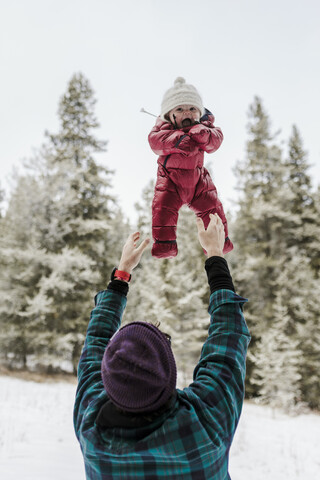 Rear view of father throwing cute daughter while standing in forest during winter stock photo