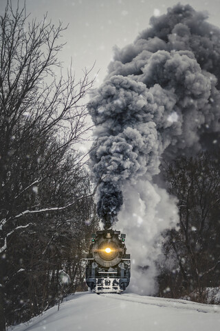 Zug auf schneebedecktem Gleis inmitten kahler Bäume gegen den Himmel, lizenzfreies Stockfoto