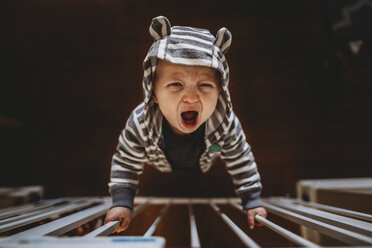 High angle portrait of baby boy crying while standing by railing at home - CAVF57070