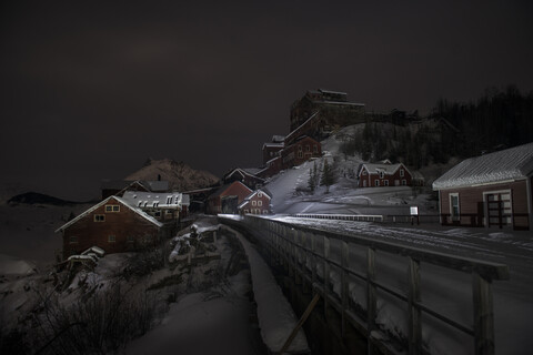 View of historic copper mine against sky during winter stock photo