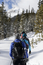 Rückansicht von Wanderern, die im Winter im Wald wandern - CAVF57266